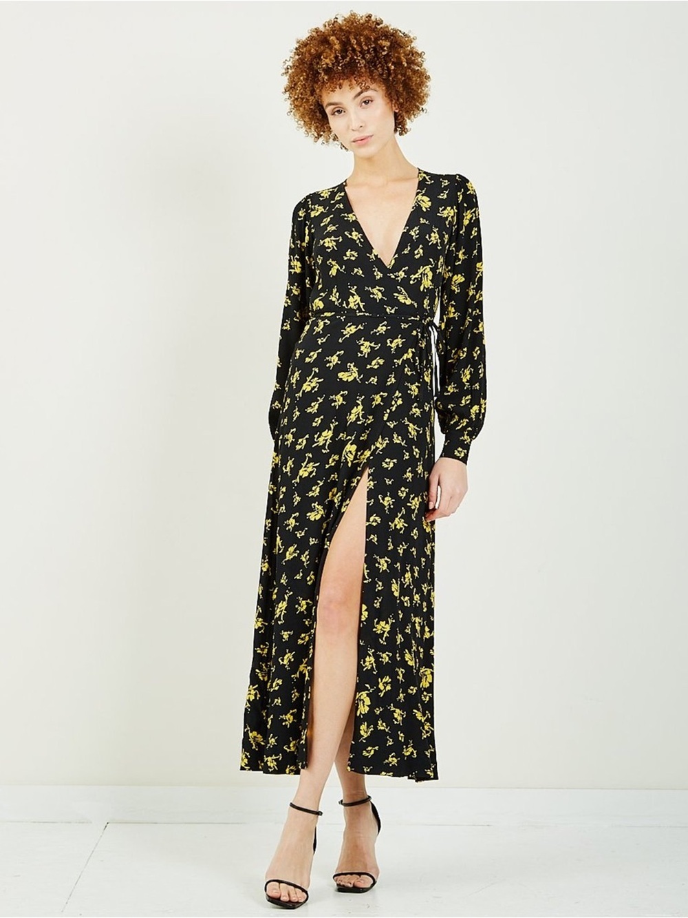 NWT - Ganni - Printed Crepe Wrap Dress - Black/Yellow